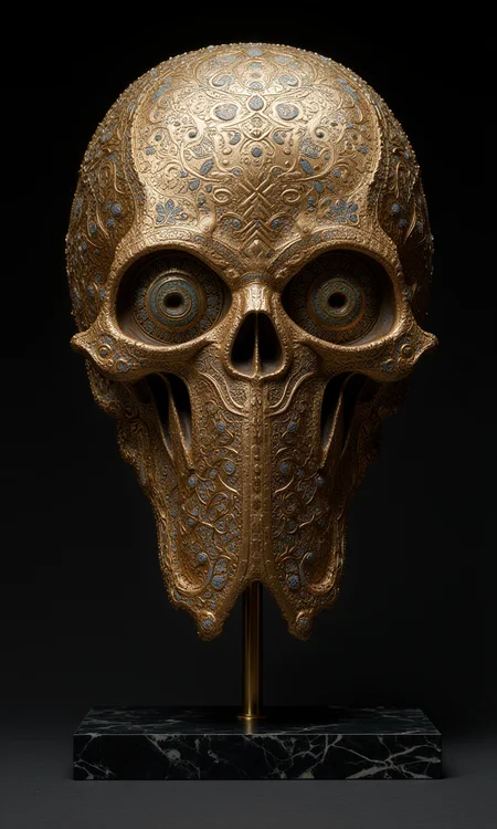 An artistic skull on a display stand, Inlaid with delicate metal patterns. <lora:flux1-D\flux.1_lora_flyway_Epic-Characters_v1.preview:1.0>