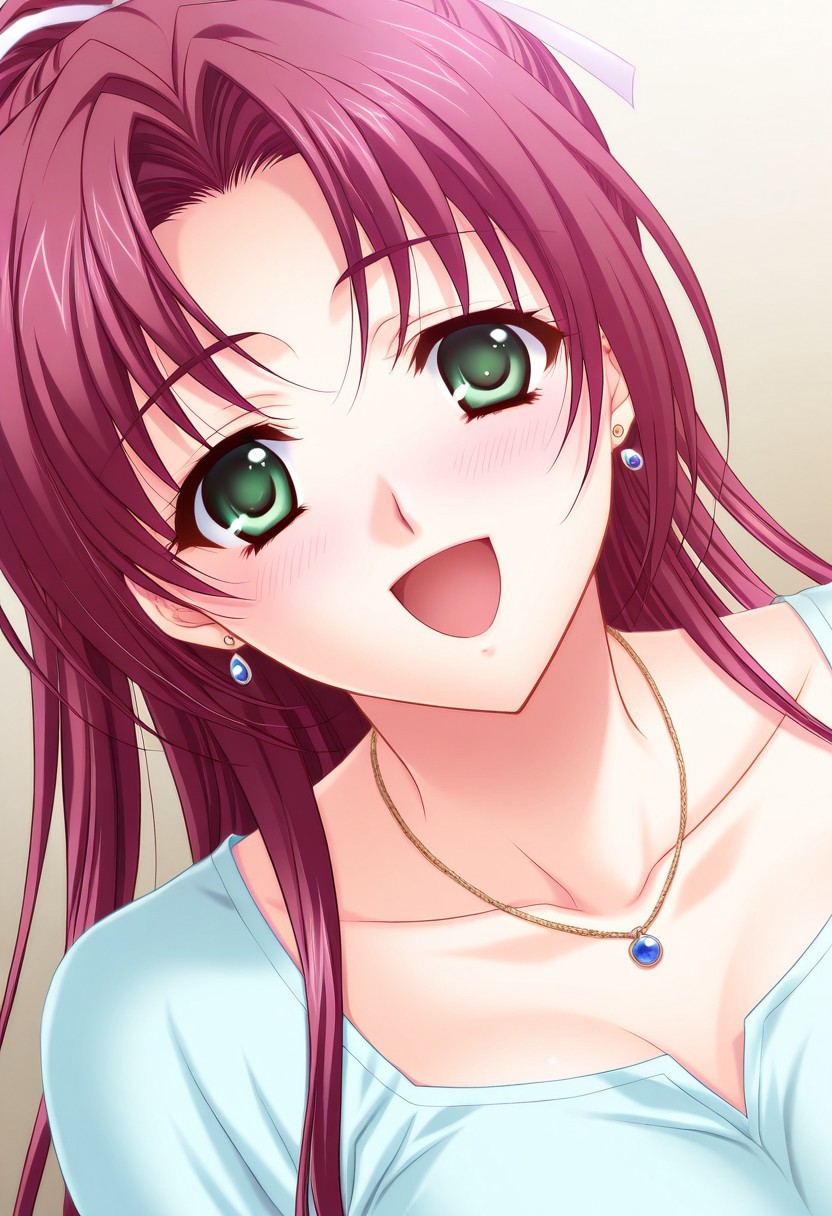 general,highres, ultra-detailed,very aesthetic,best quality ,best hands,masterpiece, best quality, newest, highres, score_9, score_8_up, score_7_up, source_anime, rating_explicit,1girl, yokota mamoru style,motion lines,,Very straight nose,slim,slender face,perfect nose,
Gojou Yurika,Claret Hair, Hair Parted in Middle, Ponytail, Waist Length Hair,long Hair,green Eyes,slim,big breasts
 anime screencap,
1girl, ,Slim,Necklace, Slim,solo,open eyes,earrings,jewelry,long hair,blush,close-up,dutch angle,portrait,happy,full dressed