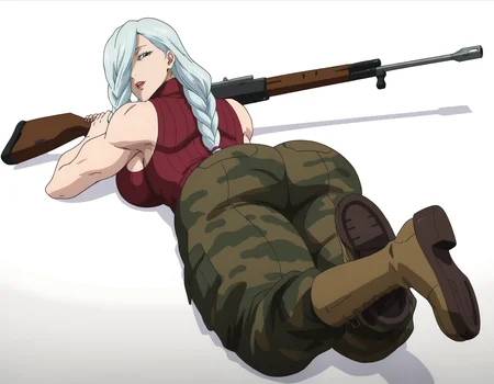 from behind, full body, solo, perfect composition, shadows, shading, <lora:ABloodyXL_Style:1> bloodyxl, <lora:anime_screencap-Illustrious:0.6> anime screencap, anime coloring, very aesthetic, absurdres, zPDXL, <lora:Pony_DetailV2.0:0.5> <lora:illustrious_quality_modifiers_masterpieces_v1:1>
<lora:MeiMeiJJK_15redo:1> m31m31, 1girl, mature female, hair over one eye, braided bangs, twin braids, long hair, female focus, looking back, defined lips, posing, holding sniper rifle, holding weapon, laying on stomach,
(muscles:0.7), (biceps:0.5), sleeveless, red turtleneck, sideboob, breasts, camo pants, ass, army boots,
white background, simple background,