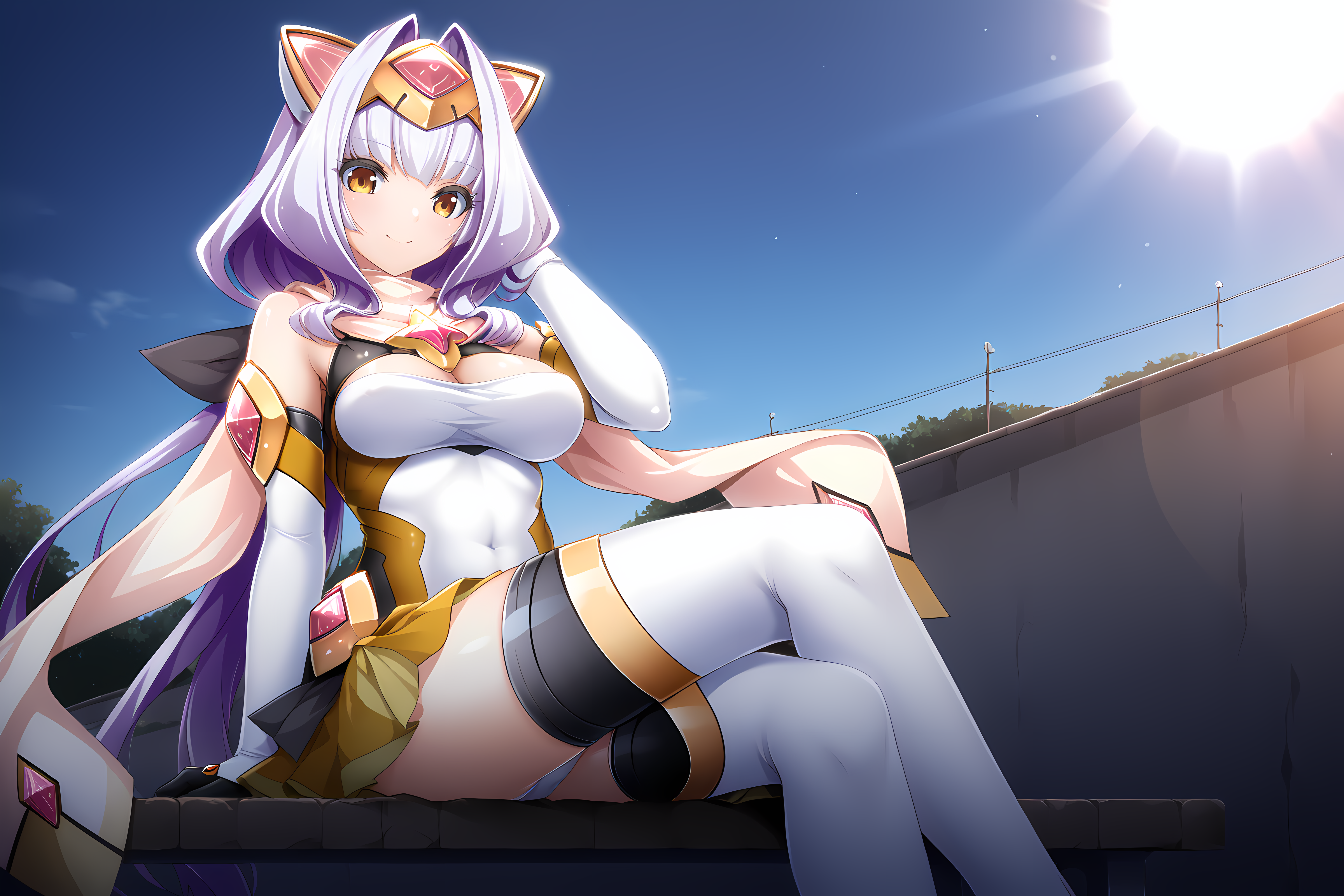 exa,magica,1girl,long hair,large breasts,light purple hair,orange eyes,thighhighs,animal ears,cleavage,skirt,bare shoulders,covered navel,elbow gloves,boots,sitting,leg up, adjusting hair, closed mouth, smile, looking down, sunset, road, sidewalk, bench, sun, blue sky, sunlight, dim lighting, light rays, 
BREAK <lora:EXS-TIA_MagicaAzarin_-_Lusterise:1>,from below,, score_9, score_8_up, score_7_up,source_anime,(masterpiece),(best quality),(ultra-detailed),(best illustration),(best shadow),(absurdres),(detailed background),(very aesthetic),source_anime