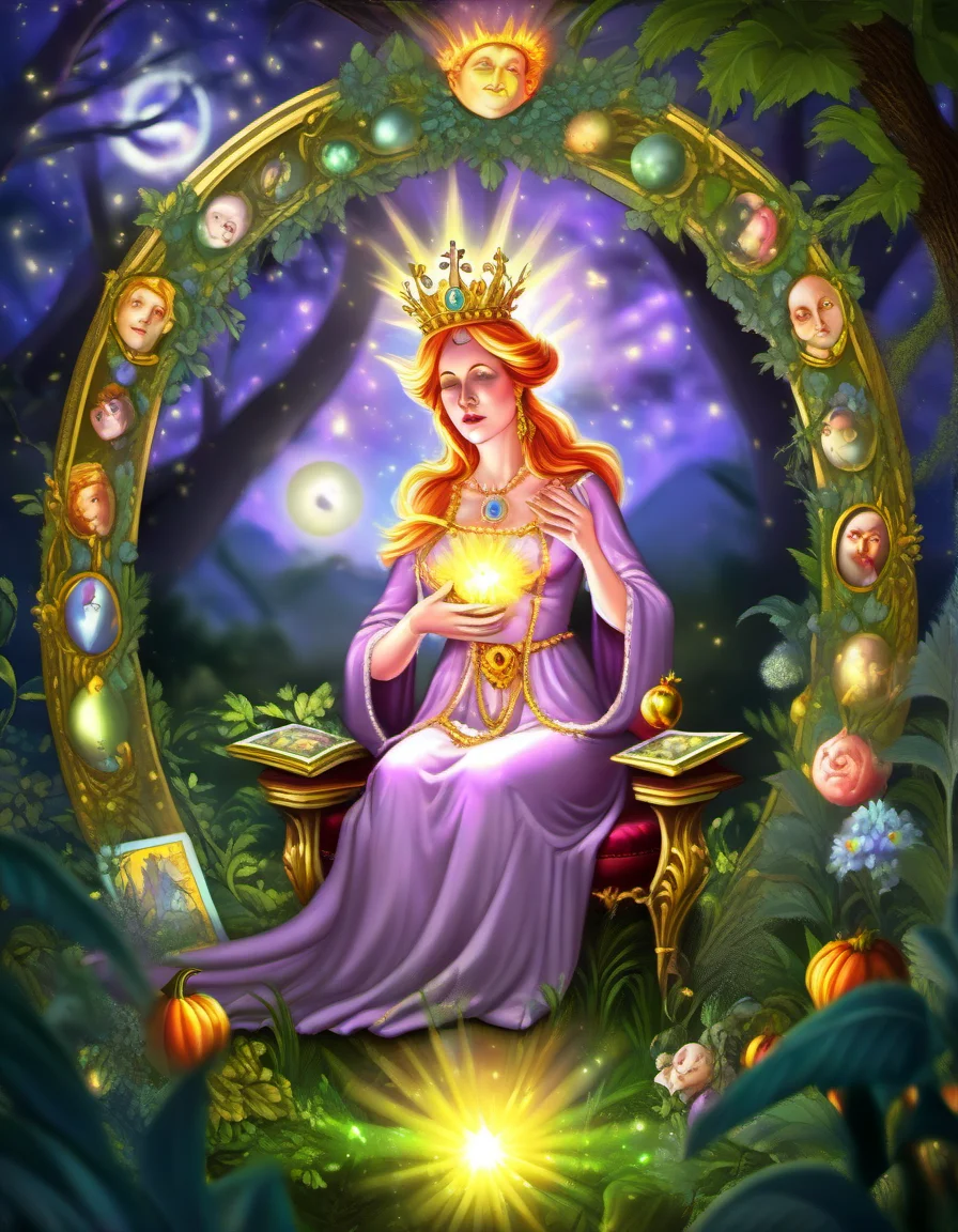 baroque arcane esoteric frame, tarot, The Empress: A nurturing figure, seated amidst lush nature, cradles an infant while surrounded by abundance and fertility., sharp focus, detailed, sub surafce scattering, glow, dust, volumetric light <lora:TOONER_1_RC:0.9>