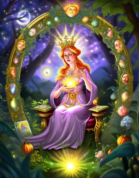 baroque arcane esoteric frame, tarot, The Empress: A nurturing figure, seated amidst lush nature, cradles an infant while surrounded by abundance and fertility., sharp focus, detailed, sub surafce scattering, glow, dust, volumetric light <lora:TOONER_1_RC:0.9>