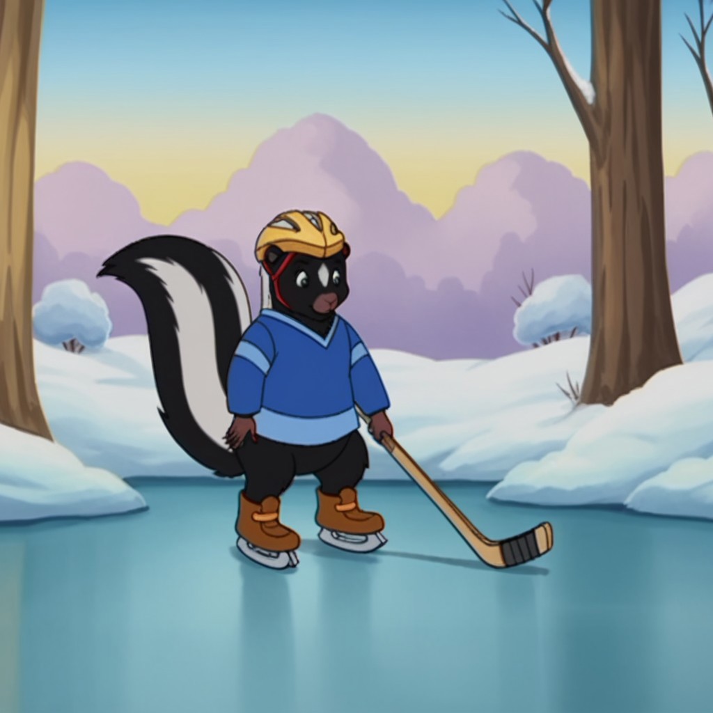 score_9, score_8_up, score_7_up, score_6_up, score_5_up, score_4_up, source_furry, skunkfrnkln, semi-anthro, female, skunk, black fur,, outside, standing, ice, winter, blue shirt, long sleeves, yellow helmet, holding hockey stick, ice skates