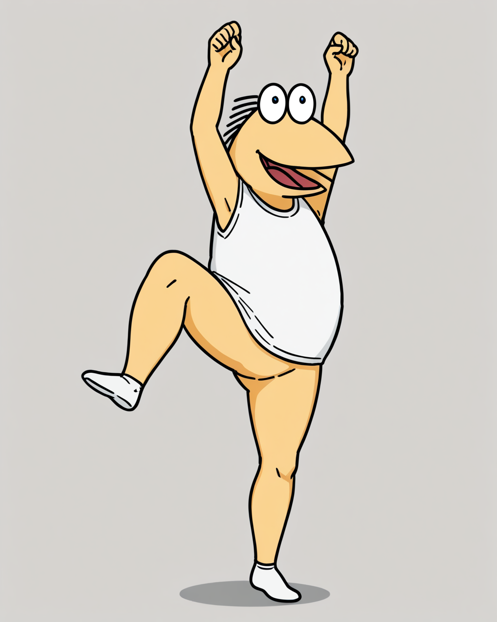 masterpiece, best quality, very aesthetic, absurdres,  <lora:Yakiu_AnimagineXLv31_v2-000050:0.8:lbw=sdxloutall>yakiu, 1boy, full body,open mouth, standing on one leg, half-closed eyes, smile, arms up,