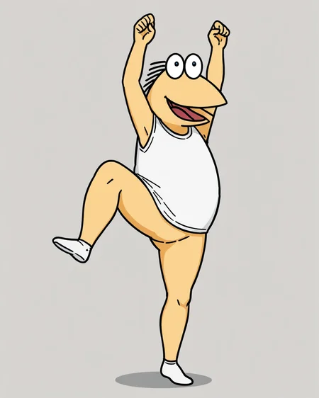 masterpiece, best quality, very aesthetic, absurdres,  <lora:Yakiu_AnimagineXLv31_v2-000050:0.8:lbw=sdxloutall>yakiu, 1boy, full body,open mouth, standing on one leg, half-closed eyes, smile, arms up,