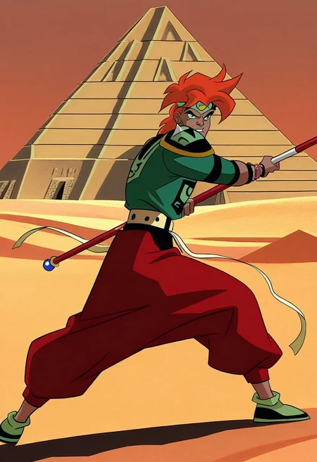masterpiece, best quality, amazing quality, 1boy, dcaustyle, terranigmark, spiky orange hair, pauldrons with faces, jeweled headband, print shirt, green sleeves, bracelets, belt with dangling straps, red baggy pants, shoes, holding bo staff, art deco pyramids, desert background, retro artstyle, ((action pose))