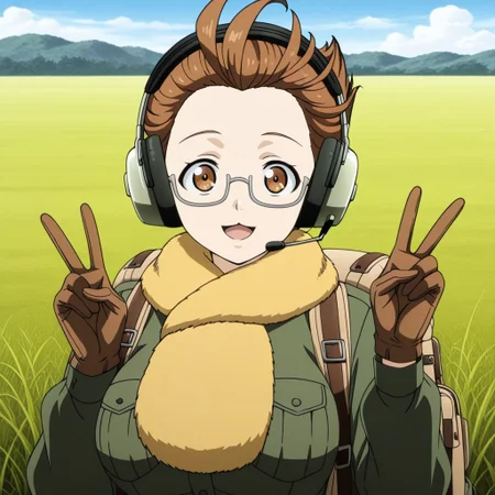 masterpiece,best quality,highres,good quality,absurdres,anime screencap,absolutely eye-catching,beautiful eyes,detailed eyes,detailed pupils,perfect body,solo,1girl,brown eyes,brown eyebrows,brown hair,hair slicked back,ahoge,glasses,semi-rimless eyewear,under-rim eyewear,headset,yellow scarf,fur scarf,military,green coat,pockets,brown gloves,backpack,belt,brown tail,big breasts,cute,open mouth,smile,:<,v,looking at viewer,upper body portrait,out doors,day,blue sky,clouds,tall grass,rainbow