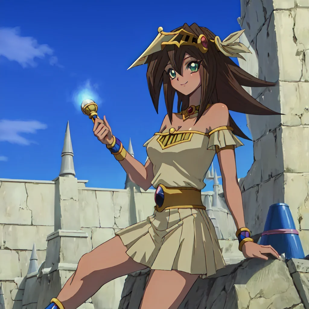 Mana, anime, yu-gi-oh! duel monsters,1girl, best quality, Egyptian, tan skin, green eyes, stone structure, stone building, smile, (standing), magic, looking at viewer, arms at sides