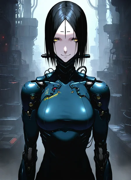 artist:, masterpiece, best quality, newest, very awa, absurdres, highres, tmnh, 1girl, sanakan, mild smile, cyborg, black hair, yellow eyes, forehead tattoo, mechanical joints, looking at viewer, futuristic, factory, detailed, <lora:Tsutomu_Nihei_Blame_Style_Illustrious:1.0>