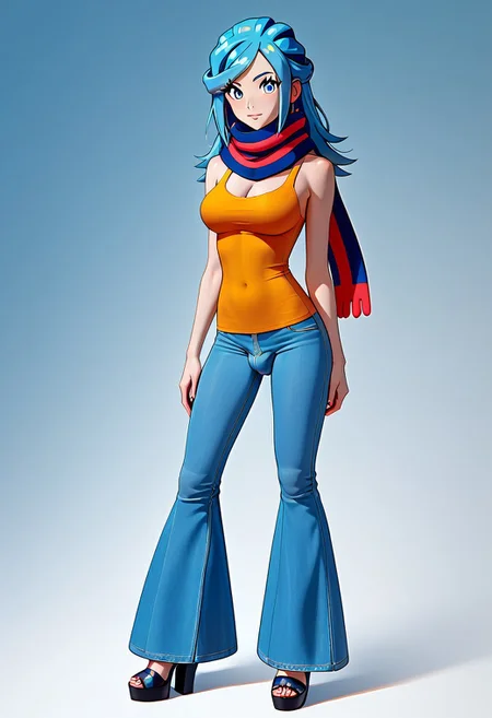 score_9, score_8_up, score_7_up, 1femboy, modern girl, solo, 19 years old,
((Blue hair, scarf, Pokemon , grusha)) pokemongrusha, eyelashes
cute, perfect eyes, erfect eyes, dramatic lighting, skitting, sexy pose,
clear detailed face, yellow tank top, perfect girl, beautiful, (( big breasts)), ((covered breasts)), ((slim girl)), bare shoulder ,
(( Bulge )), ((Long legs))
Jeans, pants, ((flared jeans))
((Flared jeans,jeans, Flared pant))
Standing
Wide pants, pants covering shoes,