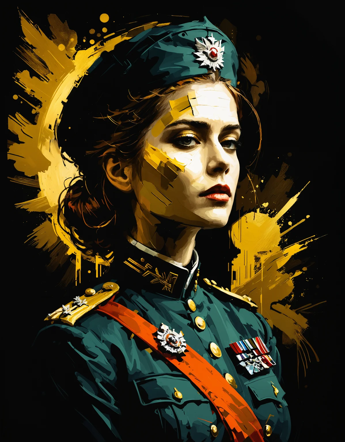 zavy-ngtvpnt, negative space, minimalism, painting, 1900'S Female Lieutenant Colonel, Very wide view, Golden ratio, lots of details, painterly, enchanted, cinematic atmosphere, highly color focused, cinematic light, magnificent, cinematic perfect intricate stunning fine detail, confident, illustrious, aesthetic, lush, professional creative