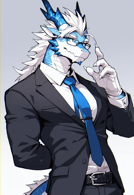 masterpiece,best quality,<lora:p65fn-RASF-000050:1> ,chromatic aberration, line art,
p65fn, dragon boy, 1boy, furry male, male focus, necktie, furry, glasses, suit, horns, dragon horns, formal, white hair, solo, blue necktie, upper body, collared shirt, claws, shirt, blue eyes, looking at viewer, white shirt, gloves, arm behind back, bara, black suit, belt, year of the dragon, simple background, bespectacled, white gloves