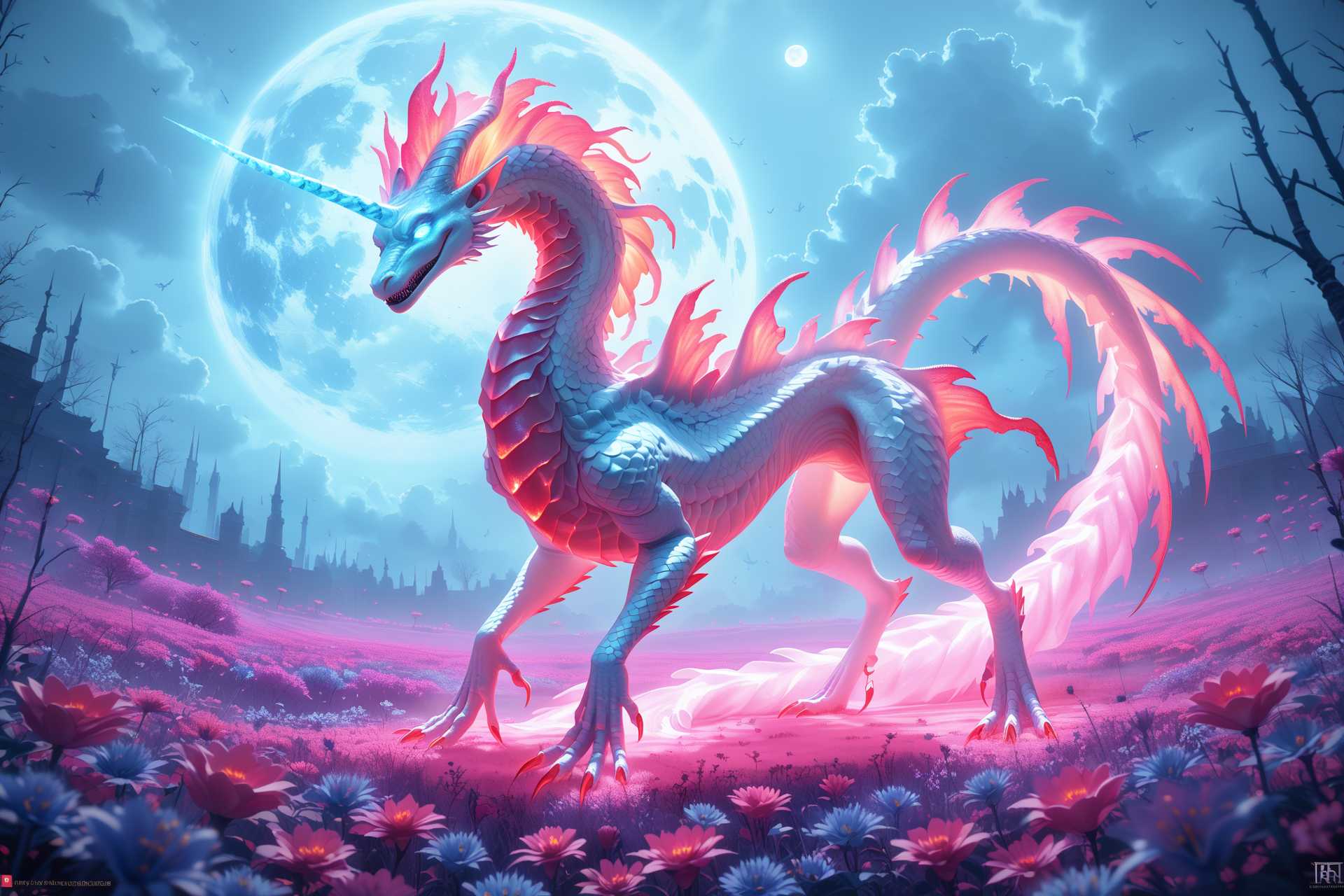 score_9, score_8_up, score_7_up (best quality, masterpiece, beautiful and aesthetic:1.2) glowing glass unicorn sits in a field of glowing blue-red frozen flowers, ominous darkness, moon, a lot of fog, haze, a lot of blue-red fireflies, silver scales shimmering in the moonlight , glowing eyes, white glowing mane <lora:CTDRM:0.7> ctdrm, dreamy, soft lighting, fantasy style, surreal lighting, sinister, mystical, archaic, very colorful, high resolution, many details, The image is a hyper-realistic CGI rendering of a hauntingly realistic