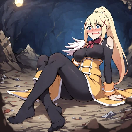 darkness \(konosuba\), 1girl,  full body, detailed,blush, realistic,  black bodysuit, sitting down, embarrassed, scared, , cave,  <lora:Darkness-000004:1>, volumetric lighting, depth of field, cinematic, score_9, score_8_up, score_7_up, score_6_up, score_5_up, score_4_up,
