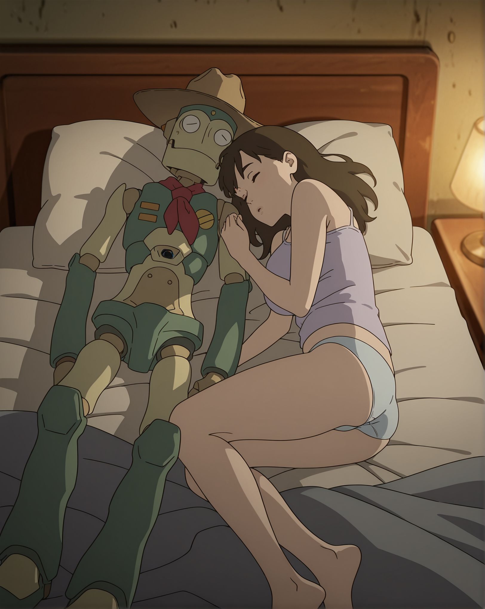 masterpiece,best quality,amazing quality,very aesthetic,absurdres,newest, huge filesize,
<lora:spo_sdxl_10ep_4k-data_lora_webui:0.5>,anime screenshot, 
<lora:add-detail-xl:1>
<lora:Robot_on_the_Road__mina__robot-000013:1>
Robot on the Road,
1girl,r_mina,
bed,
underwear,
panties,sleeping,
barefoot,pillow,
lying,lamp,
brown hair,closed eyes,
on side,indoors,
r_robot,hat,1boy,