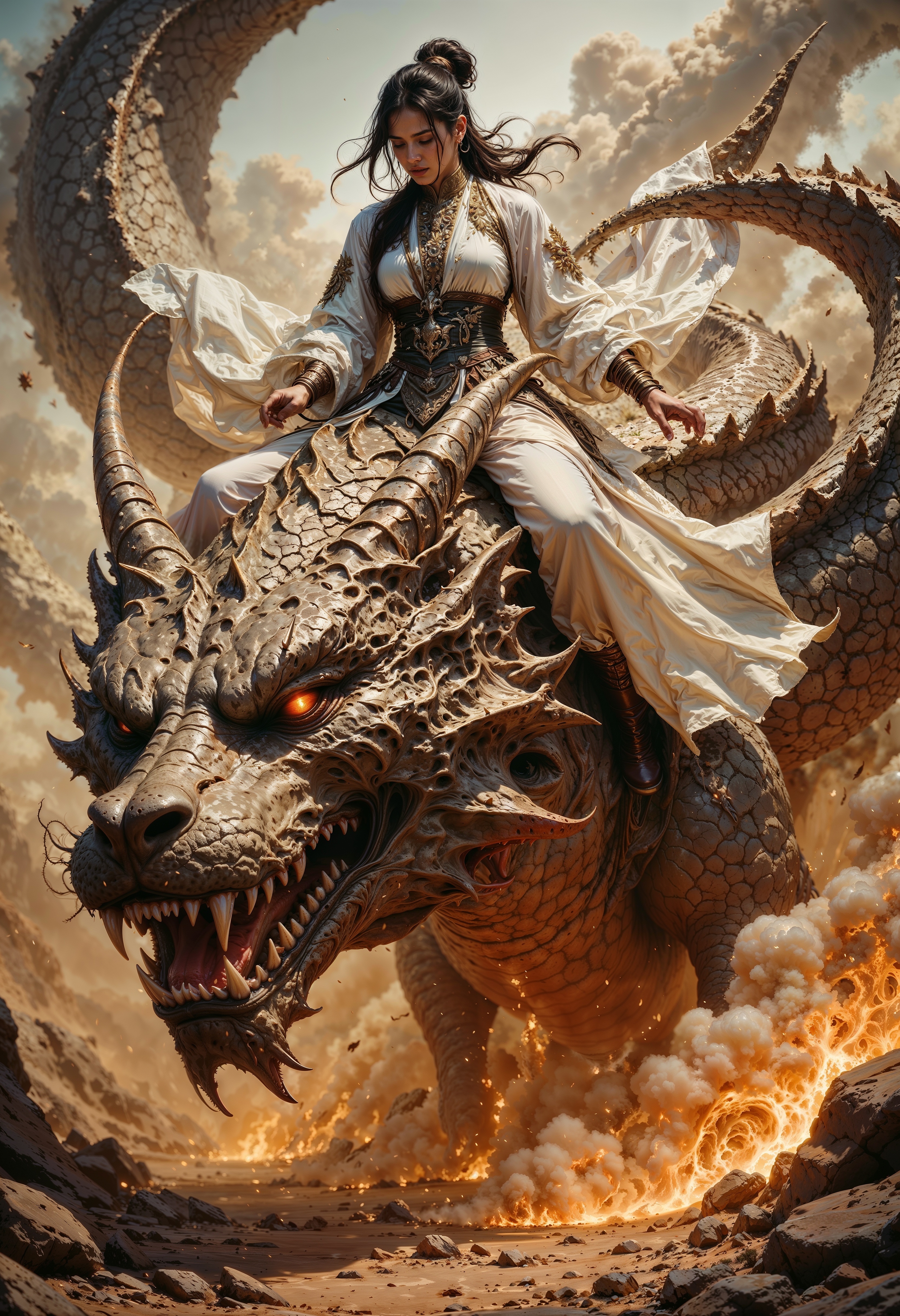 This image depicts an intense and dynamic scene where a warrior-like figure, poised for action, stands atop a fearsome, mythical dragon. The character has a strong and determined expression, suggesting they are in the midst of battle or on a daring journey. Their dark hair is swept back, caught in motion, and tied in a high ponytail, adding to the sense of movement in the image. The warrior is dressed in light, flowing robes and garments that are intricately detailed, with elements of traditional Asian warrior attire. The billowing fabric of their clothes blends with the swirling clouds of dust and smoke that surround them, creating an atmosphere of power and energy. The swirling dust gives the impression that the dragon is moving at high speed, kicking up the earth and creating an almost otherworldly storm around them. The dragon itself is a majestic creature with detailed, rocky scales and fierce, glowing eyes. Its head is large and adorned with sharp, stony ridges and horns. The dragon appears to be part of the earth itself, with its texture blending seamlessly into the surrounding environment, giving the impression that it is a powerful being of the land. The overall scene is filled with swirling motion, from the dragon’s movements to the clouds of dust and fire-like embers flickering in the air.