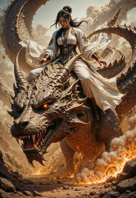 This image depicts an intense and dynamic scene where a warrior-like figure, poised for action, stands atop a fearsome, mythical dragon. The character has a strong and determined expression, suggesting they are in the midst of battle or on a daring journey. Their dark hair is swept back, caught in motion, and tied in a high ponytail, adding to the sense of movement in the image. The warrior is dressed in light, flowing robes and garments that are intricately detailed, with elements of traditional Asian warrior attire. The billowing fabric of their clothes blends with the swirling clouds of dust and smoke that surround them, creating an atmosphere of power and energy. The swirling dust gives the impression that the dragon is moving at high speed, kicking up the earth and creating an almost otherworldly storm around them. The dragon itself is a majestic creature with detailed, rocky scales and fierce, glowing eyes. Its head is large and adorned with sharp, stony ridges and horns. The dragon appears to be part of the earth itself, with its texture blending seamlessly into the surrounding environment, giving the impression that it is a powerful being of the land. The overall scene is filled with swirling motion, from the dragon’s movements to the clouds of dust and fire-like embers flickering in the air.