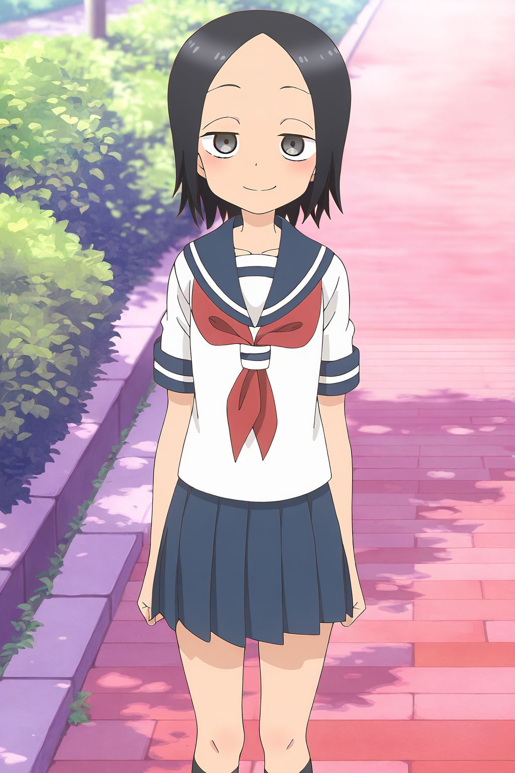 masterpiece,best quality,good quality,rating safe,, <lora:tsukimoto_sanae-ill_narcissu:1>,sanae, tsukimoto_sanae, karakai jouzu no takagi-san,1girl, solo, black hair, short hair, black eyes, grey eyes, bangs, parted bangs, serafuku, red neckerchief, blue sailor collar, short sleeves, white shirt,blue skirt,black socks,anime screencap,standing,smile,looking at viewer,blush,upper body,outdoor