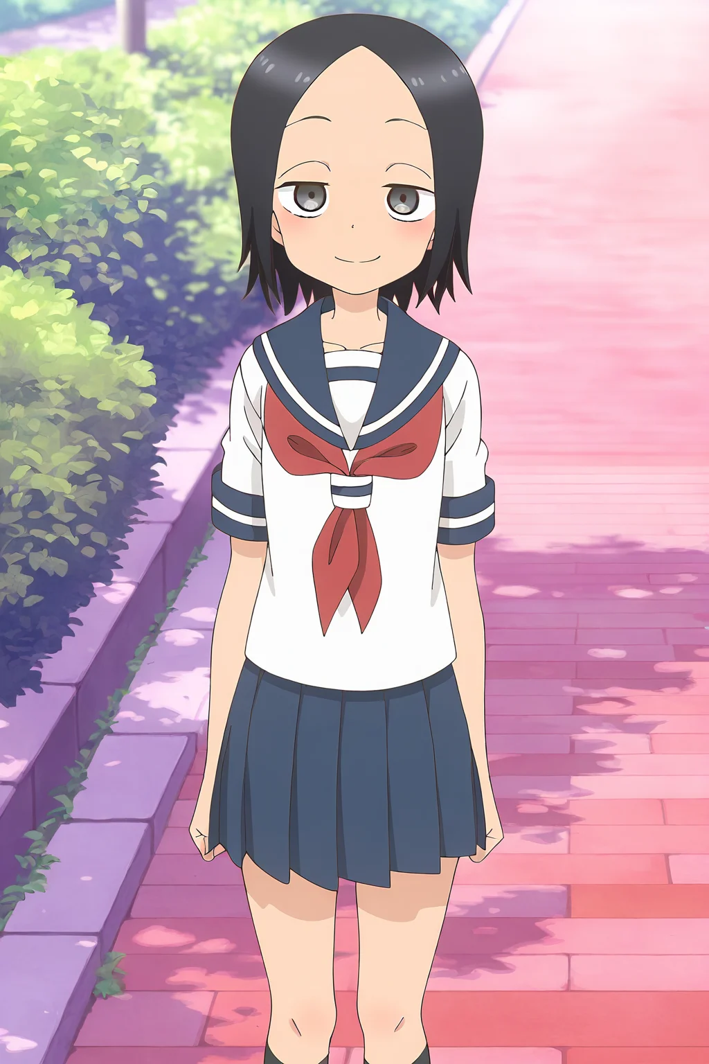 masterpiece,best quality,good quality,rating safe,, <lora:tsukimoto_sanae-ill_narcissu:1>,sanae, tsukimoto_sanae, karakai jouzu no takagi-san,1girl, solo, black hair, short hair, black eyes, grey eyes, bangs, parted bangs, serafuku, red neckerchief, blue sailor collar, short sleeves, white shirt,blue skirt,black socks,anime screencap,standing,smile,looking at viewer,blush,upper body,outdoor