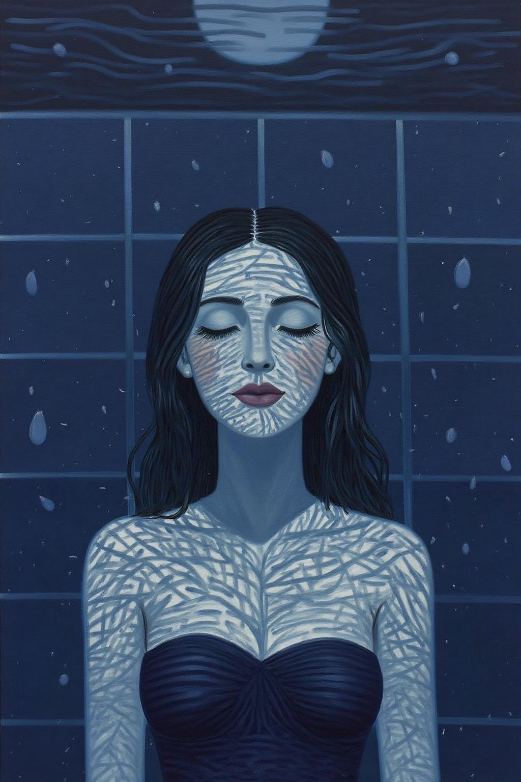 mawo1 painting
A painting depicting a serene, dreamy night scene in a stylized, abstract manner. The artwork is dominated by various shades of blue and purple, creating a cool, tranquil atmosphere. 
Closeup shot of a serene and artistic underwater scene featuring a woman partially submerged in water. She is wearing a strapless one piece bathing suit. The water surface gently ripples above her head, creating intricate patterns of light and shadow on her face and body. Her eyes are closed, and her expression is peaceful and contemplative. The background is a tiled surface, blurred by the water, adding a sense of calm and isolation to the scene. The overall color palette is muted, with soft grayscale tones that enhance the tranquil, reflective atmosphere. The image captures the ethereal beauty of light and water interacting with human form, evoking a sense of introspection and quietude.
 <lora:mawo1_cap_d6a3e12:1.0><lora:821406061782156657:0>