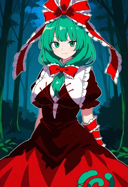 ((bollzzalguy style)), ((forest background)), night, 1girl, solo, looking at viewer, ((standing)), (posing), smile, ((large breasts)), ((kagiyama hina)), green hair, green eyes, front ponytail, red dress, hair bow, red bow, puffy short sleeves, red ribbon, hair ribbon, frilled ribbon