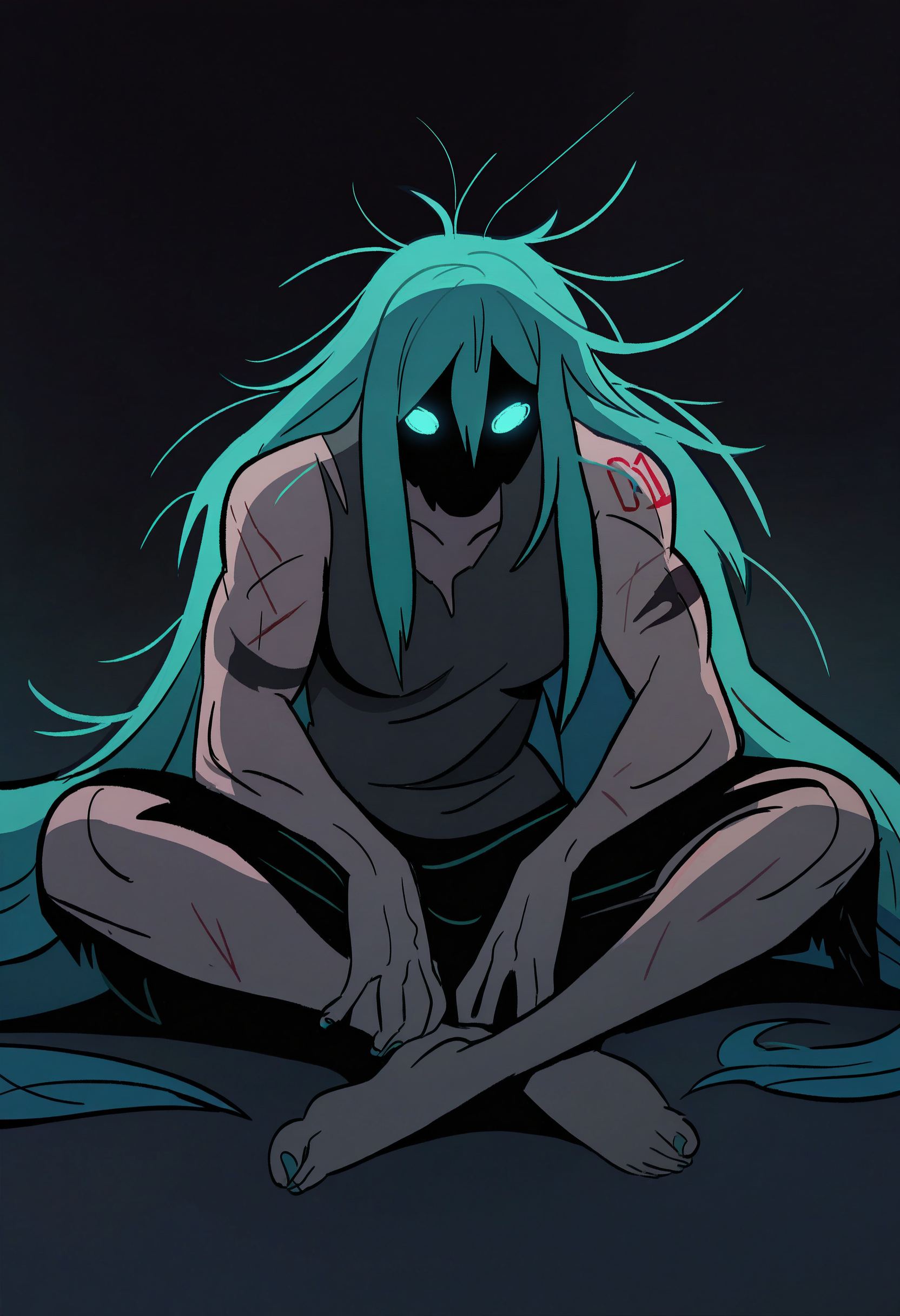 1girl, solo, hatsune miku, muscular female, sleeveless, torn clothes, glowing eyes, dark background, shadow, night, sitting, messy hair, 
masterpiece, best quality, <lora:primal-guy90-Illust-Lycorisv1:1> lamirp