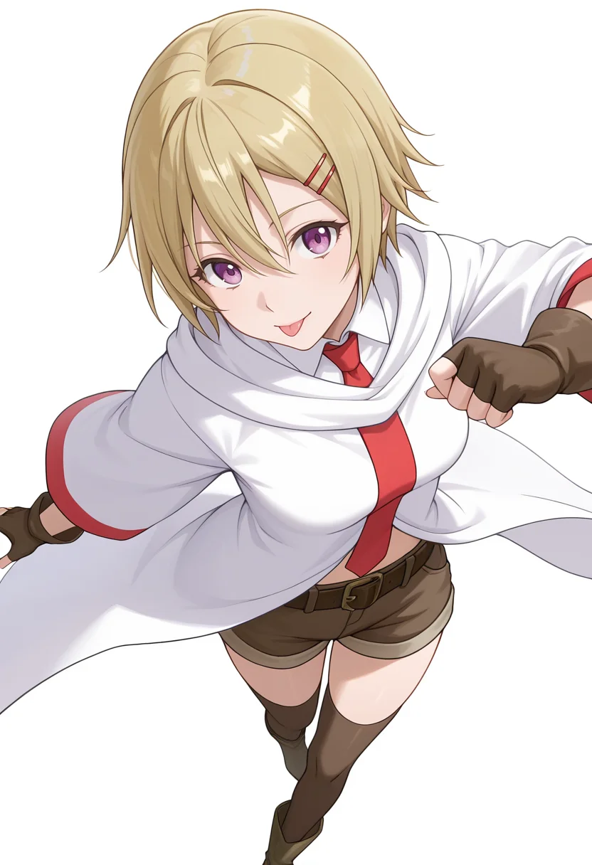 Smooth Quality,masterpiece,very intricate, high quality details, ultra realistic, high detailed skin,detailed enviorement,absurdres,
simple background, white background,
from above,dancing,
:p,solo,
<lora:Tiss_CNR:0.8> tiss_cnr, 1girl, blonde hair,purple eyes, short hair, hair between eyes,hairclip, belt, boots, brown gloves, fingerless gloves, necktie, robe, shorts, thighhighs,