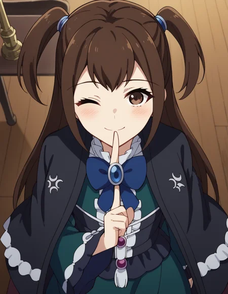 score_9, score_8_up, score_7_up, source_anime, <lora:kizuna-kazayama-s2-ponyxl-lora-nochekaiser:1>, kizuna kazayama, long hair, brown hair, brown eyes, two side up,, long sleeves, dress, bow, frills, wide sleeves, bowtie, cape, blue bow, brooch, green dress, black cape,, staff room, table, chairs, coffee machine, relaxation, smile, <lora:shushing-ponyxl-lora-nochekaiser:1>, shushing, finger to mouth, index finger raised, from above, library, smile, blush, one eye closed, dutch angle,, looking at viewer, solo,, dutch angle, cowboy shot