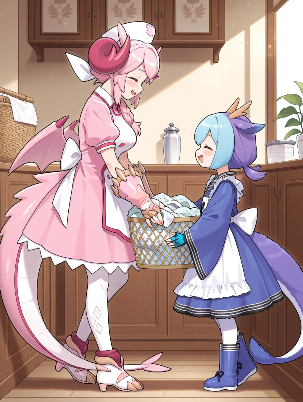 2girls,chibi,closed eyes,holding laundry basket,open mouth,blush,leaf,smile,holding clothes,full body,blush stickers,hairclip,nurse dragonmaid,white pantyhose,white nurse cap,pink fingerless gloves,pink nurse dress,pink wings,pink claws boots,from side,laundry dragonmaid,blue knee boots,blue fingerless gloves,blue maid outfit,indoors,
masterpiece,best quality,amazing quality,very aesthetic,absurdres,newest,<lora:Nurse dragonmaid illuXL v1.1:0.74>,