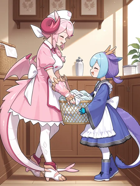 2girls,chibi,closed eyes,holding laundry basket,open mouth,blush,leaf,smile,holding clothes,full body,blush stickers,hairclip,nurse dragonmaid,white pantyhose,white nurse cap,pink fingerless gloves,pink nurse dress,pink wings,pink claws boots,from side,laundry dragonmaid,blue knee boots,blue fingerless gloves,blue maid outfit,indoors,
masterpiece,best quality,amazing quality,very aesthetic,absurdres,newest,<lora:Nurse dragonmaid illuXL v1.1:0.74>,