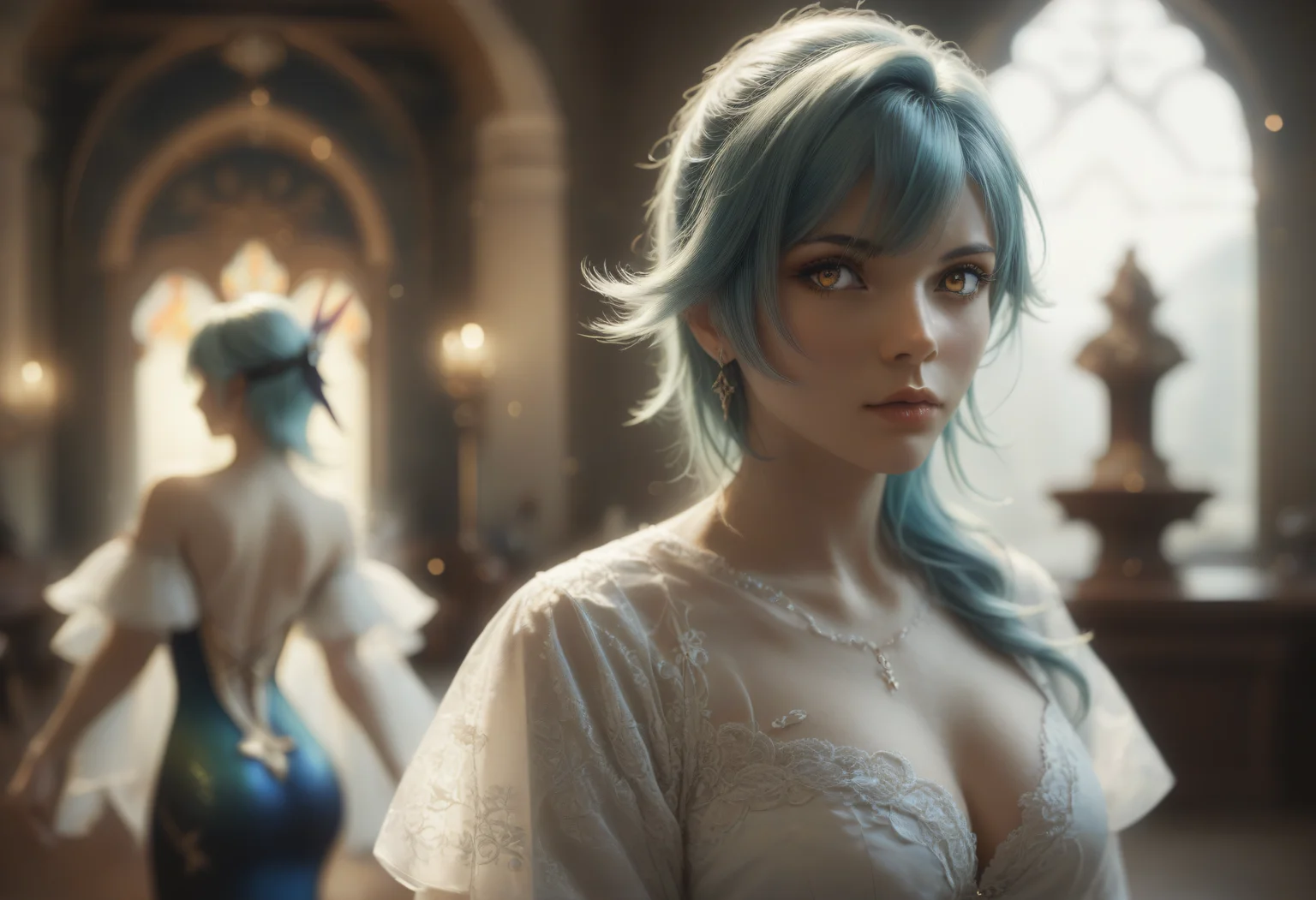 score_9, score_8_up, score_7_up, embedding:d4113, 1girl, eula_\(genshin_impact\), genshin_impact, 1girl, blue_hair, yellow_eyes, three quarters view, frontbend, indoors, mermaid lagoon