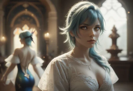 score_9, score_8_up, score_7_up, embedding:d4113, 1girl, eula_\(genshin_impact\), genshin_impact, 1girl, blue_hair, yellow_eyes, three quarters view, frontbend, indoors, mermaid lagoon