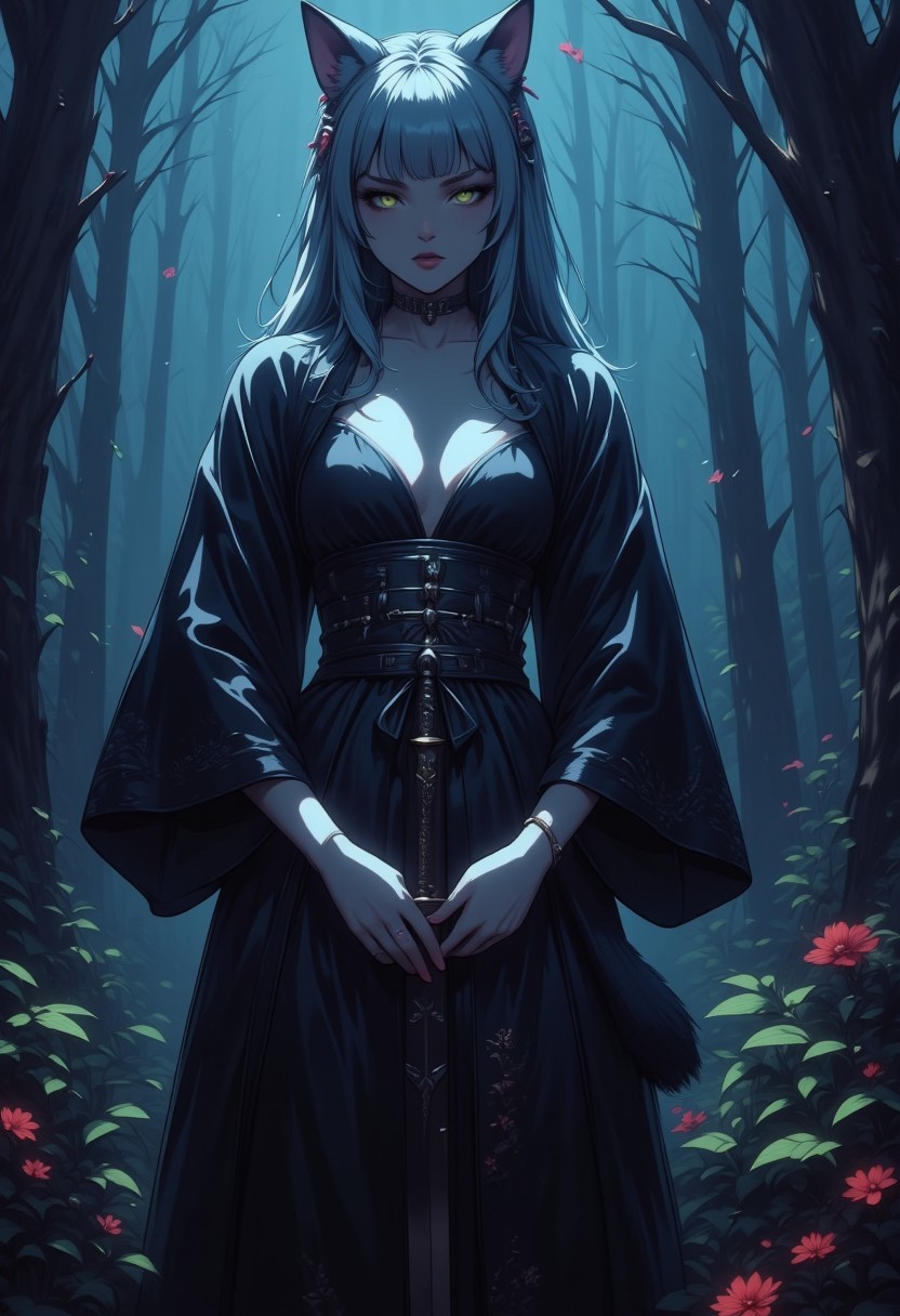 score_9, score_8_up, score_7_up, score_6_up, score_5_up, score_4_up, score_9, score_8_up, score_7_up, (best quality, masterpiece, highest detailed), fashion photography of cute (wolf girl), (large breasts, slim waist, large hips), (((young))), (yellow eyes), (grey hairs, long hairs), ((grey wolf ears, grey wolf tail)), in high detailed textured (((black kimono:1.5))), ((wearing a katana at her waist)) (ultra-detailed body), ((take place in dark and dense forest:1.3)), moonlight passing through canopy, (intricate details), (dynamic angle), (((full lips))), (((suggestive pose))), pale skin, g0thicPXL, glowing, neon, Expressiveh, serious looking,