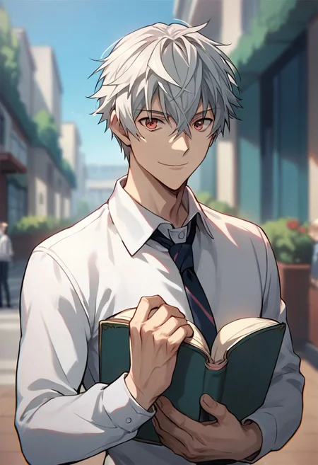 score_9,score_8_up,score_7_up,source_anime, Aru Akise,looking at viewer,smile,shirt,long sleeves,1boy,holding,closed mouth,white shirt,upper body,male focus,multiple boys,necktie,solo focus,blurry,book,holding book,open book