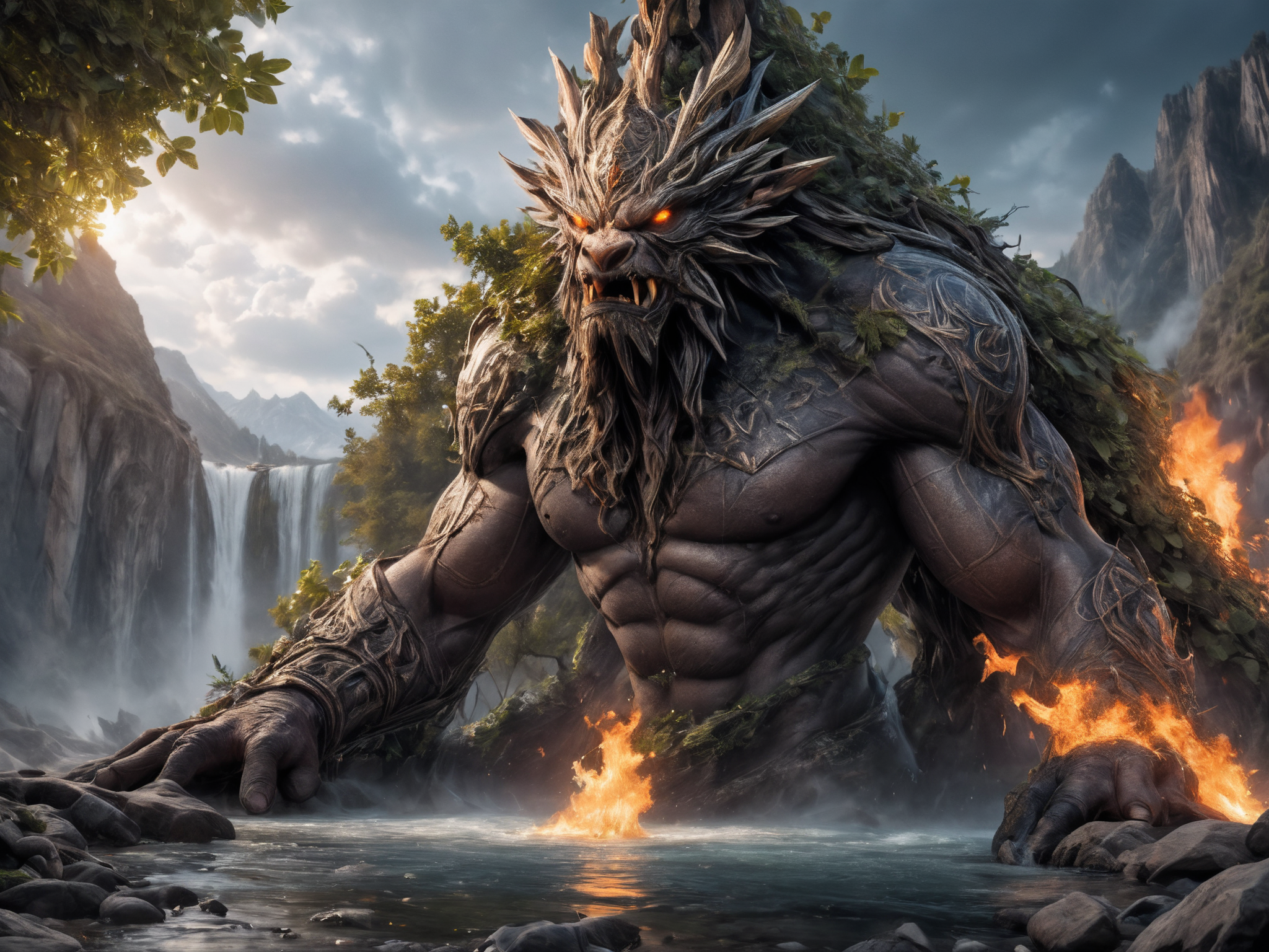 breathtaking, hyperrealistic, hyperdetailed, maximum fidelity, ultra high detail, ultra HD, Panavision Millennium DXL2 8k professional RAW photography druidic gigantic rock monster merged with mountain <lora:LoromXL_Druidic_Naturalism_v1:0.8>  composed of fire elements, composed of elements of thunder, bound in vines and leaves, trapped by dryads, luminous reflections, rtx on, subsurface scattering, dynamic hdr tone mapping, volumetric lighting, screenspace reflection, Physically-Based Rendering, Unity WÄtÄ environmental water
