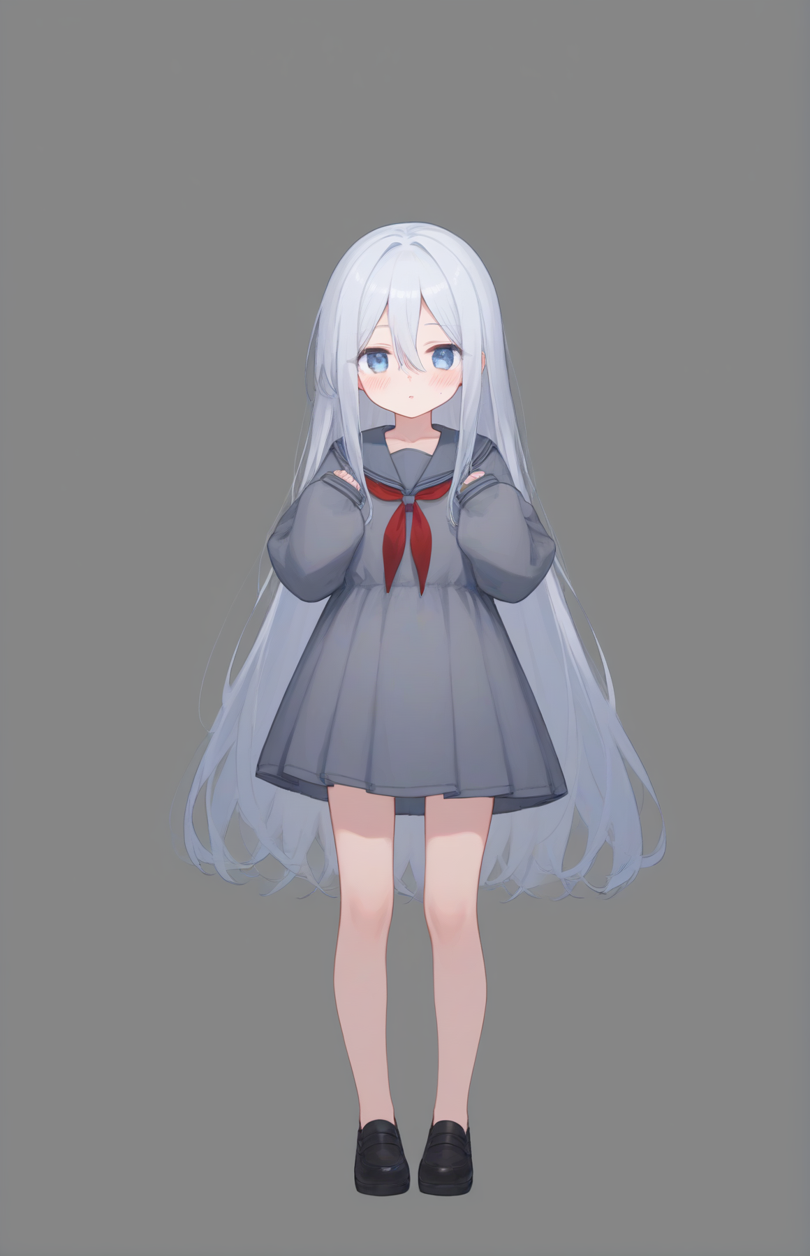 score_9,score_8_up,score_7_up,1girl,light_blush,full body,
<lora:Kanade_Pony:1>,
yoisaki_kanade,very long hair,blue eyes,white hair,small breasts,hair between eyes,collarbone,sidelocks,
grey dress,pleated dress,two-tone neckerchief,red neckerchief,black footwear,long sleeves,sleeves past fingers,sleeves past wrists,
simple background,hands up,standing,
