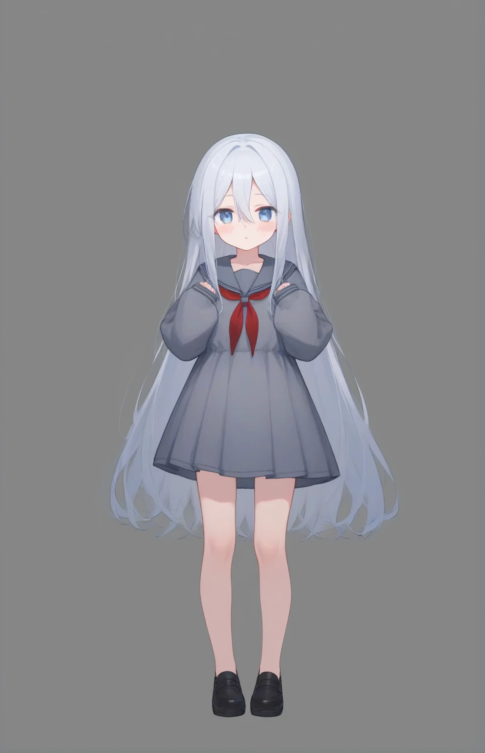 score_9,score_8_up,score_7_up,1girl,light_blush,full body,
<lora:Kanade_Pony:1>,
yoisaki_kanade,very long hair,blue eyes,white hair,small breasts,hair between eyes,collarbone,sidelocks,
grey dress,pleated dress,two-tone neckerchief,red neckerchief,black footwear,long sleeves,sleeves past fingers,sleeves past wrists,
simple background,hands up,standing,