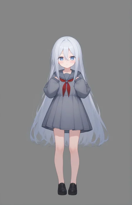 score_9,score_8_up,score_7_up,1girl,light_blush,full body,
<lora:Kanade_Pony:1>,
yoisaki_kanade,very long hair,blue eyes,white hair,small breasts,hair between eyes,collarbone,sidelocks,
grey dress,pleated dress,two-tone neckerchief,red neckerchief,black footwear,long sleeves,sleeves past fingers,sleeves past wrists,
simple background,hands up,standing,