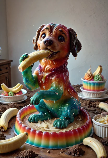 a cute chibby dog with big eyes made out of Jellystyle, he is eating a clay banana, very detailed, 4k, sharp, eating rainbow worms, novuschroma51 style
