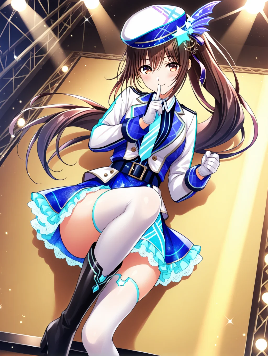 perfect quality,best quality,absolutely eye-catching,ambient occlusion,raytracing BREAK
1girl,<lora:hanayome IL v1.1_1:0.8>,utahosi,brown hair,ponytail,hat,hair ornament,idol,long sleeves,belt,miniskirt,lace trim,white thighhighs,black boots,stage,stage lights,light particles,solo,, front view,full_shot,on back,finger_gun,shushing,open_stance,
