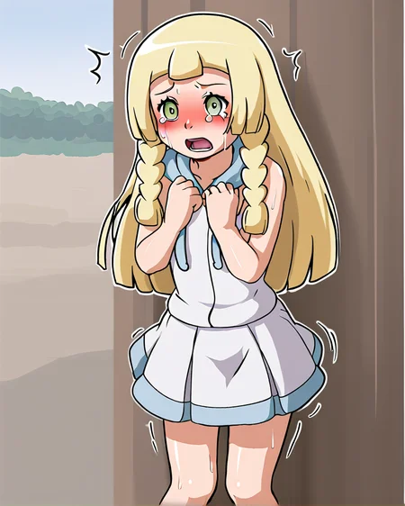 <lora:oreshika_style_ForPony:1> Lillie (pokemon), 1girl, blush, skirt, summer,  outside, sweat, open mouth,  shivering, emotional, tears