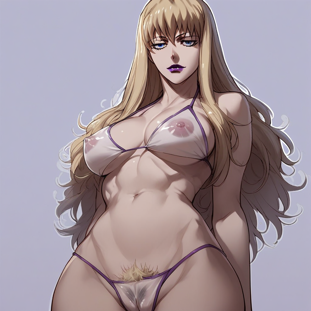 BR1T4, source_anime, source_hentai, source_anime, looking at viewer, facing viewer, score_9, score_8_up, score_7_up, score_6_up, 1girl, solo, (brita_(darker_than_black):1.2), (long hair), blonde_hair, blue eyes, purple_lips, navel, white_bikini, (transparent_bikini), see-through, outline, cameltoe, covered_nipples, female_pubic_hair, seductive, beautiful eyes, busty, wide hips, large breasts, posing, dynamic angle, simple background