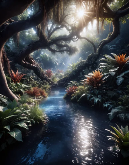 landscape photo of a super detailed manifold amazing and magical supernatural tropical unearthly light plants and trees on the bank of an extraordinary fairy river, 8K ultra high definition quality and render photos, dreamlike, face focus, intricate details, sharp focus, photography, photorealism, photorealistic, 8k, soft focus, volumetric light, (intricate details), (hyperdetailed), 8k hdr, high detailed, lot of details, high quality, soft cinematic light, dramatic atmosphere, atmospheric perspective,