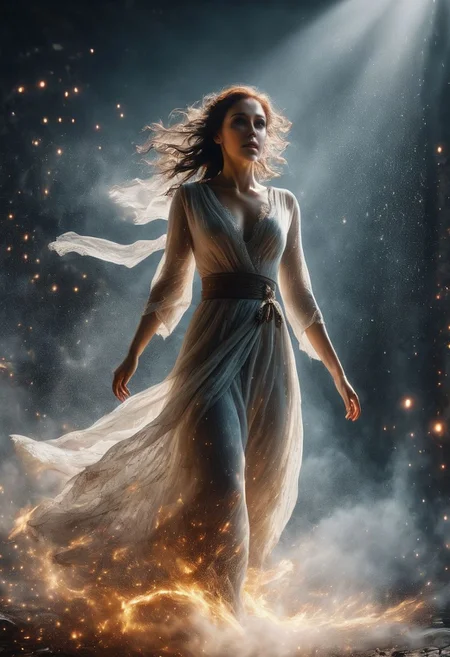 A full body character of a woman, dynamic motion blur, lens flares,more dramatic lighting, deeper and more contrasted shadows, color grading, high detail, 4k resolution, ultra HDR, and ghostly beauty. The image should reflect intricate details, raw photo quality, and a windy atmosphere.