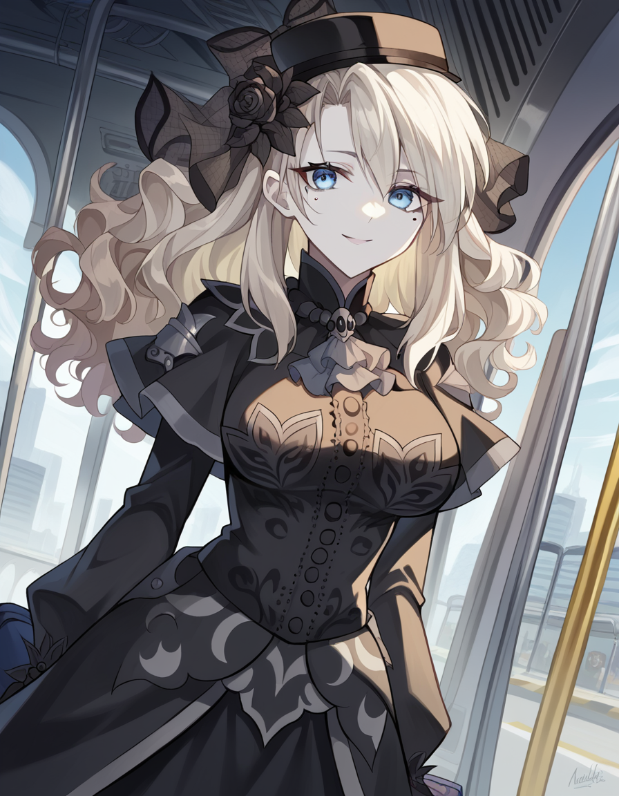 score_9, score_8_up, score_7_up, source_anime, <lora:fgo-kriemhild-ponyxl-lora-nochekaiser:1>, kriemhild, blue eyes, long hair, mole, mole under eye, pale skin, white hair, wavy hair, large breasts,, ascot, black capelet, black dress, black flower, black gloves, black headwear, black rose, capelet, dress, flower, gloves, hat, long sleeves, rose, veil,, train station, waiting for train, suitcase, traveling, commute, city skyline, hands behind back,, smile, looking at viewer, arm crossed over chest, solo,, cowboy shot, dutch angle