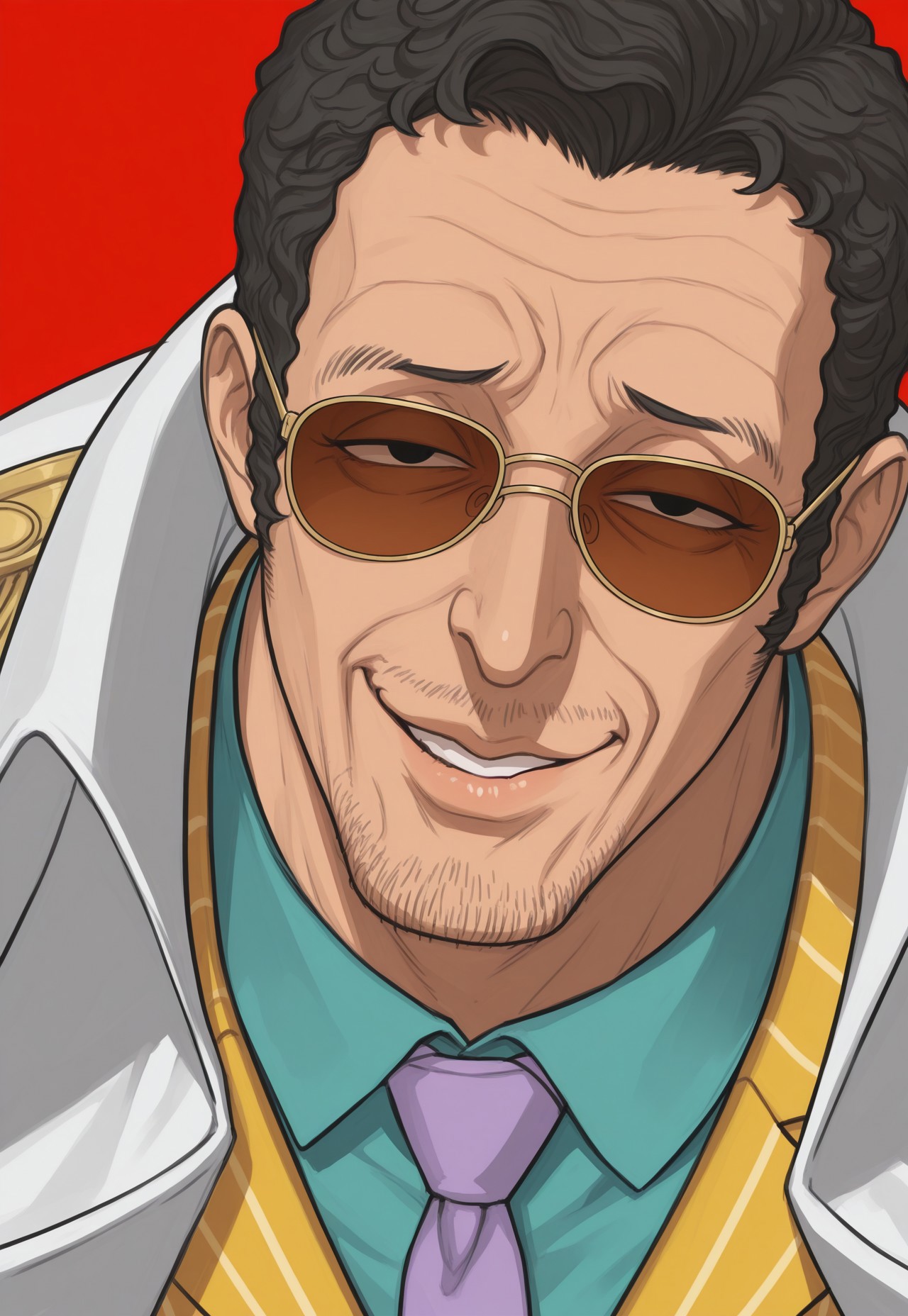 anime, rough sketch, sketchy lineart, black lineart, pencil drawing, sharp edges, masterpiece, best quality, detailed background, 8k, 1boy, man, solo, kizaru, black hair, very short hair, wavy hair, smooth hair, black eyes, slanted eyes, facial hair, stubble, goatee, sunglasses, wrinkles, lips, detailed face, teal shirt, light purple tie, yellow pinstripe suit, white off-shoulder coat, epaulettes, lazy smirk, parted lips, tall, half body, face focus, close up, face focus, turning to viewer, looking at viewer, dynamic pose, red background, white background