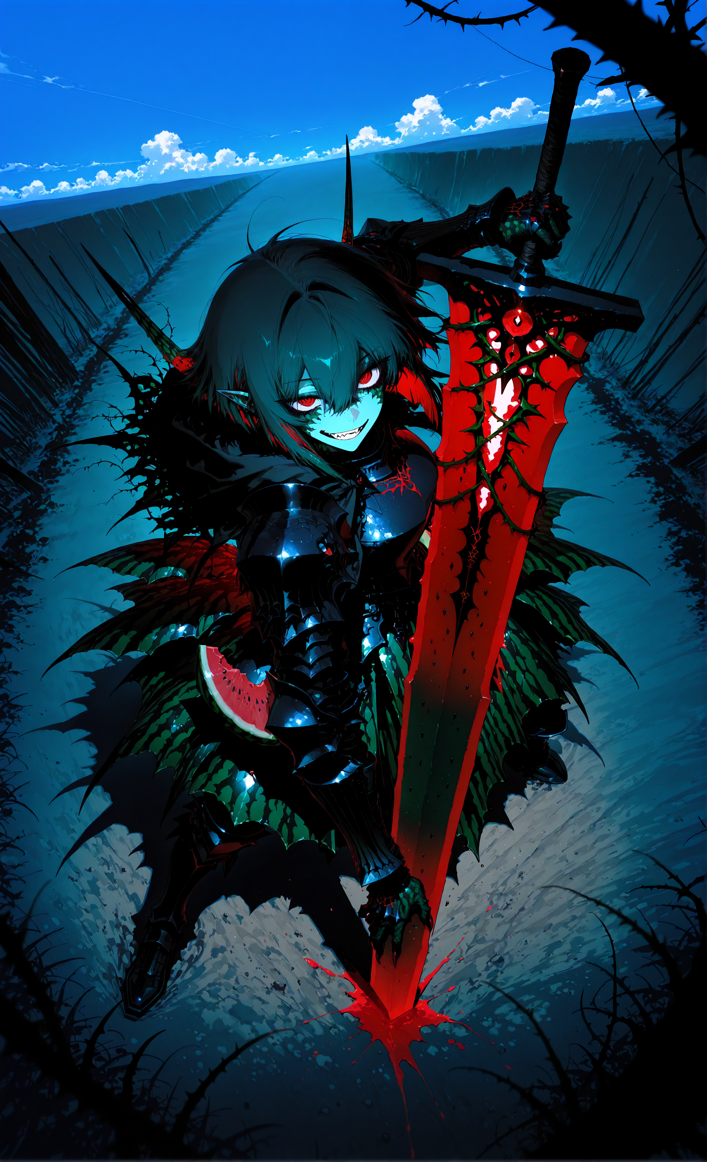 masterpiece, sharp detail, intricate detail, 1girl,  (j.k. ,rella, konya karasue), dark red eyes, detailed eyes, (monster girl, watermelon creature, watermelon monsterification:1.5, hybrid, alternate species), dark green hair, (green skin:1.5, watermelon skin, textured skin), (watermelon tail), inverted bob, (red inner hair), black and green attire, watermelon print gauntlets, knee boots, pointy ears, smirk, heavy armor, shoulder armor, armored skirt, capelet, breastplate, vines, helm, dynamic angle from above, dynamic pose, holding greatsword, glowing sword, holding heavy shield, dirt road, watermelon filed, day, blue sky, gradient background, cloudy, medieval city horizon, dappled light, dramatic shadows, cinematic lighting, detailed background, light and shadow contrast, dark,<lora:reij-rt:0.6> <lora:aboba_prime_3:0.8> <lora:darkness_xl_v20:0.3>