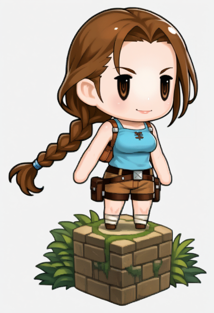 score_9, score_8_up, score_7_up, source_anime, 1girl, solo, smile
<lora:zs_PictlogicaStyleXL:1> ffpictlogicastyle, chibi, full body, faux figurine, white background
 <lora:ClassicLaraCroft:1> TRLCLAS, brown hair, brown eyes, single braid, lips, teal tanktop, large breasts, sleeveless, shoulder strap, brown shorts, thigh holster,