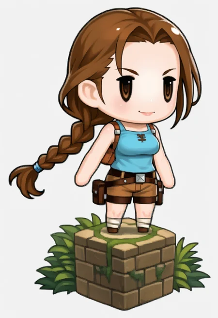 score_9, score_8_up, score_7_up, source_anime, 1girl, solo, smile
<lora:zs_PictlogicaStyleXL:1> ffpictlogicastyle, chibi, full body, faux figurine, white background
<lora:ClassicLaraCroft:1> TRLCLAS, brown hair, brown eyes, single braid, lips, teal tanktop, large breasts, sleeveless, shoulder strap, brown shorts, thigh holster,