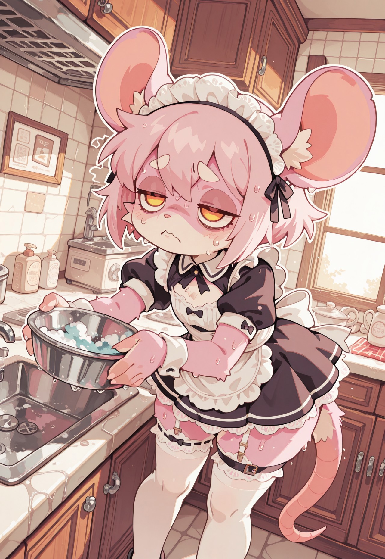 perfect eyes, S4bit4mago_illu, anime style, s0wasow4rt_illu, masterpiece, newest, highres, score_9, score_8_up, score_7_up, Nameless_Style, rat girl, _Style, rat, furry:1.2, Cartoon_Type, curvy, fluffy1.3, shortstack rat girl, small chest, lace styled dress, maid outfit, short skirt, (close up), panoramic view, kitchen, sink, washing dishes, lots of dishes, short hair, thick white outline, white stockings, arms in suds, curvy, white lace, short sleeves, thigh garter, face focus, fabric, intricate lace, leaning over, intricate details:1.2, long dress, pink fur, stockings, standing upright, rat tail, lidded eyes,, tired, worried, sweating, panicking, nervous, washing, dynamic angle, exhausted, countershade fur, stylish, pose, high quality, cute background,